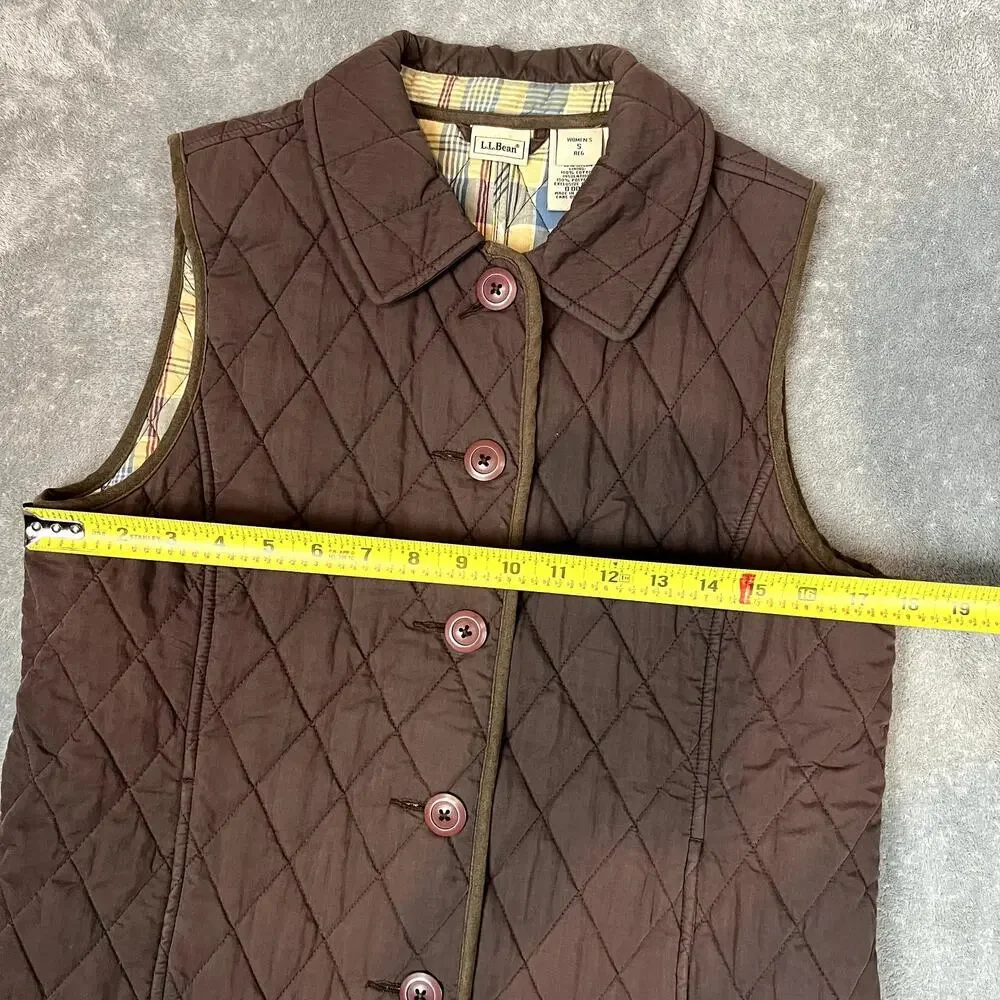 LL Bean Quilted Vest Womens S Brown Plaid‎ Lined Button Front Collared Thermal